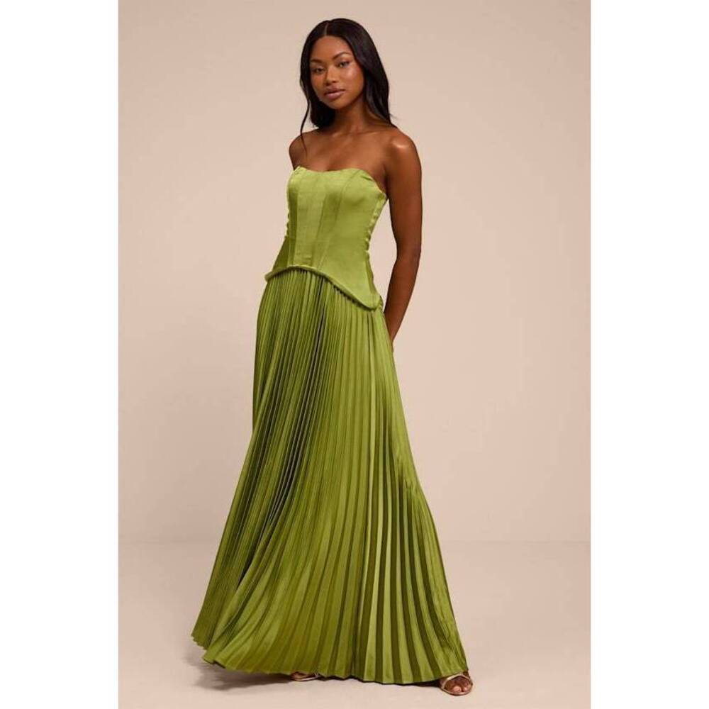Lulus Makani Lime Green Satin Bustier Maxi Dress - Size M